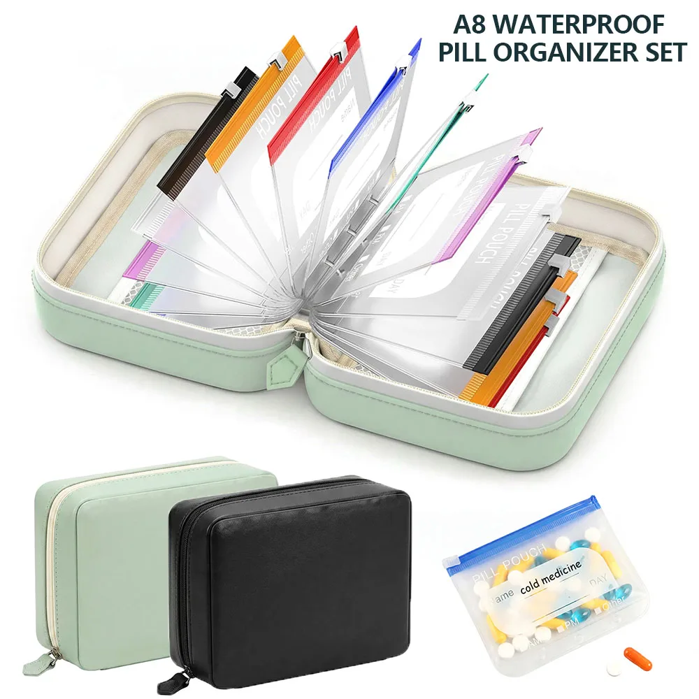 A8 Wasserdichtes Pillen-Organizer-Set, tragbarer wöchentlicher Pillen-Organizer mit 14 farbcodierten Innentaschen, Reise-Pillenbox im Handtaschen-Stil