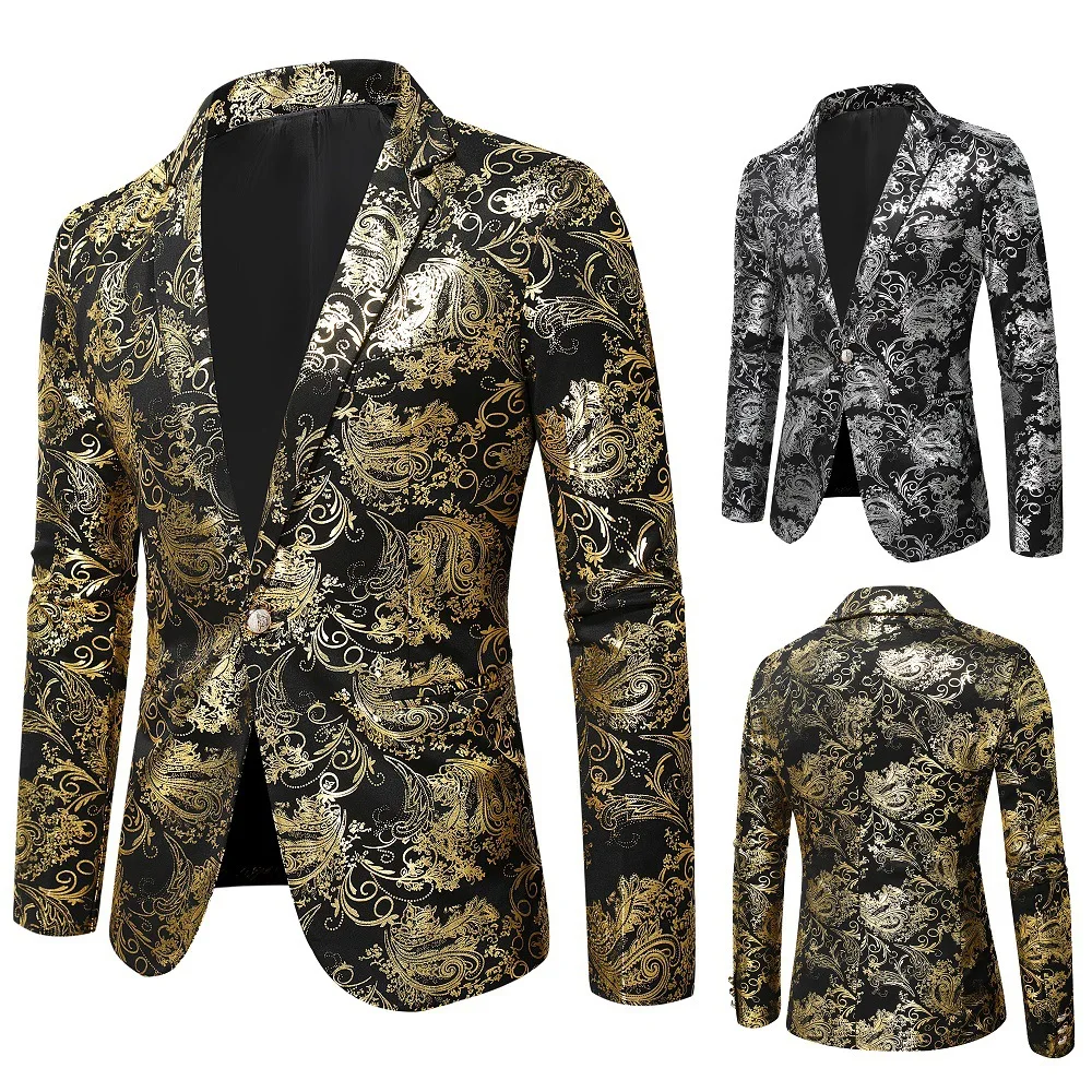 

Men's Fashion Gilded Print Blazer Performance Nightclub DJ Singers Shiny Blazers Long Sleeve Single Button Floral Suit Jackets