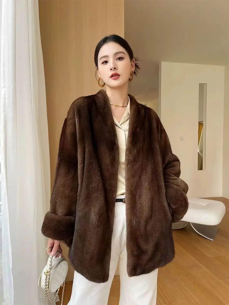 Faux Mink Fur Coat for Women,V-Neck Jacket,Thick Warm Female Clothes, Covered Button, High Quality,Autumn and Winter