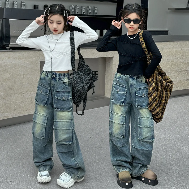 

2024 Blue Pocket Design Teenag Girls Autumn Kids Cargo Pants Casual Straight School Children Trousers Fashion Cargo Jeans