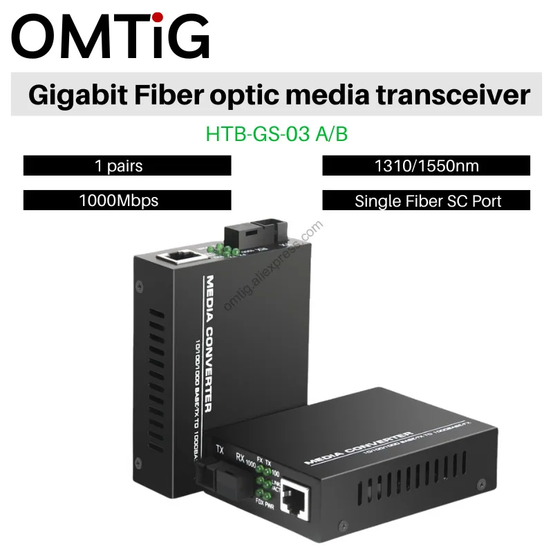 

1 Pair HTB-GS-03 A/B Gigabit Fiber Optical Media Converter 1000Mbps Single Mode Single Fiber SC Port 20KM With Power Supply