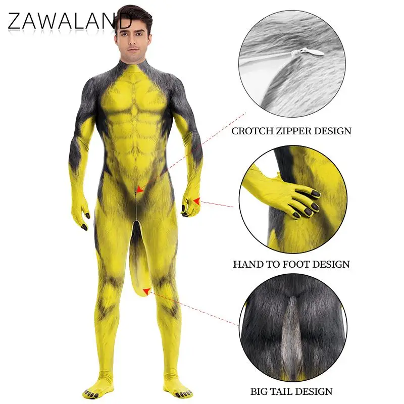 

Костюм для косплея животного, комбинезон с большим хвостом, молния в зоне промежности, одежда зентай, мужской комбинезон для Хэллоуина, Пурима, вечеринок, костюм-комбинезон