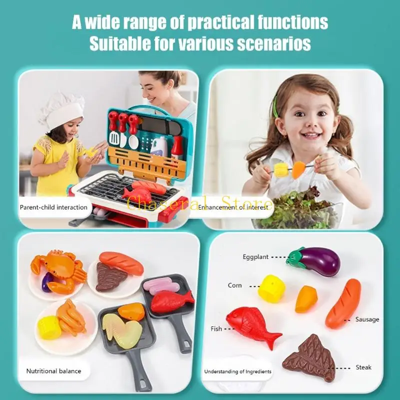E7CE Kinderen Veilig Fantasiespel BBQ Grill Keukenspeelgoed met Simulatie Grill Mist en Rollenspel Geluid Licht Functies