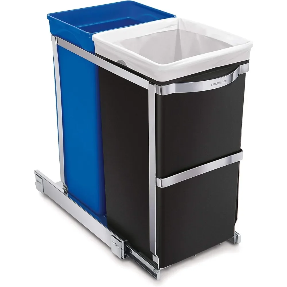 

35 Liter / 9.3 Gallon Dual Compartment Under Counter Kitchen Cabinet Pull-Out Recycling Bin and Trash Can, Chrome