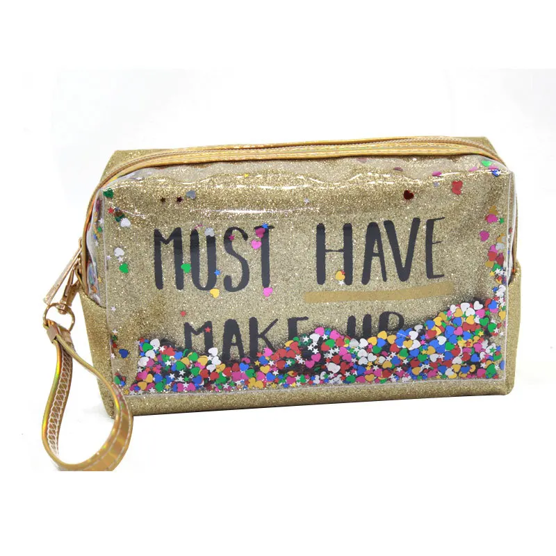 Glittering Colorful letters print Toiletry makeup bag sequins splicing PVC quicksand waterproof colorful travel bag