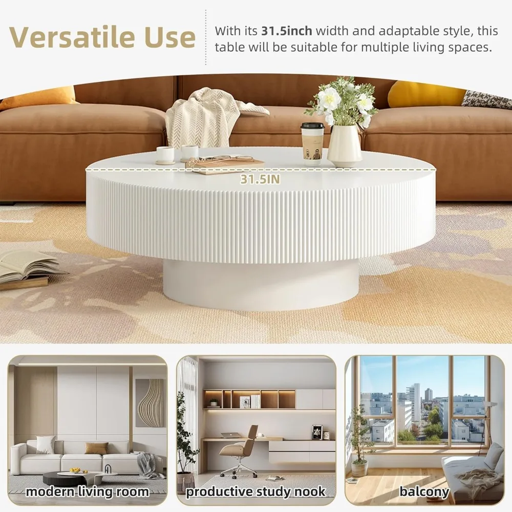 Mesa de centro redonda de 31,5 '' com tampo de 6,8" de espessura para sala de estar, mesa central de tambor moderna com design ondulado, extremidade canelada circular