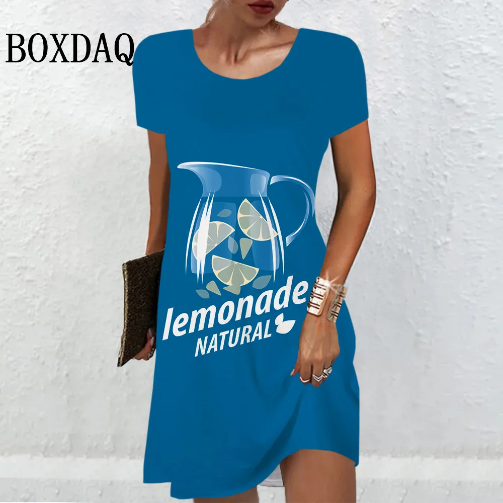 

Lemonade Letter Glass Print Dress Women Fashion Round Neck Casual Sweet Mini Dress Summer Short Sleeve Loose Pullover Lady Dress