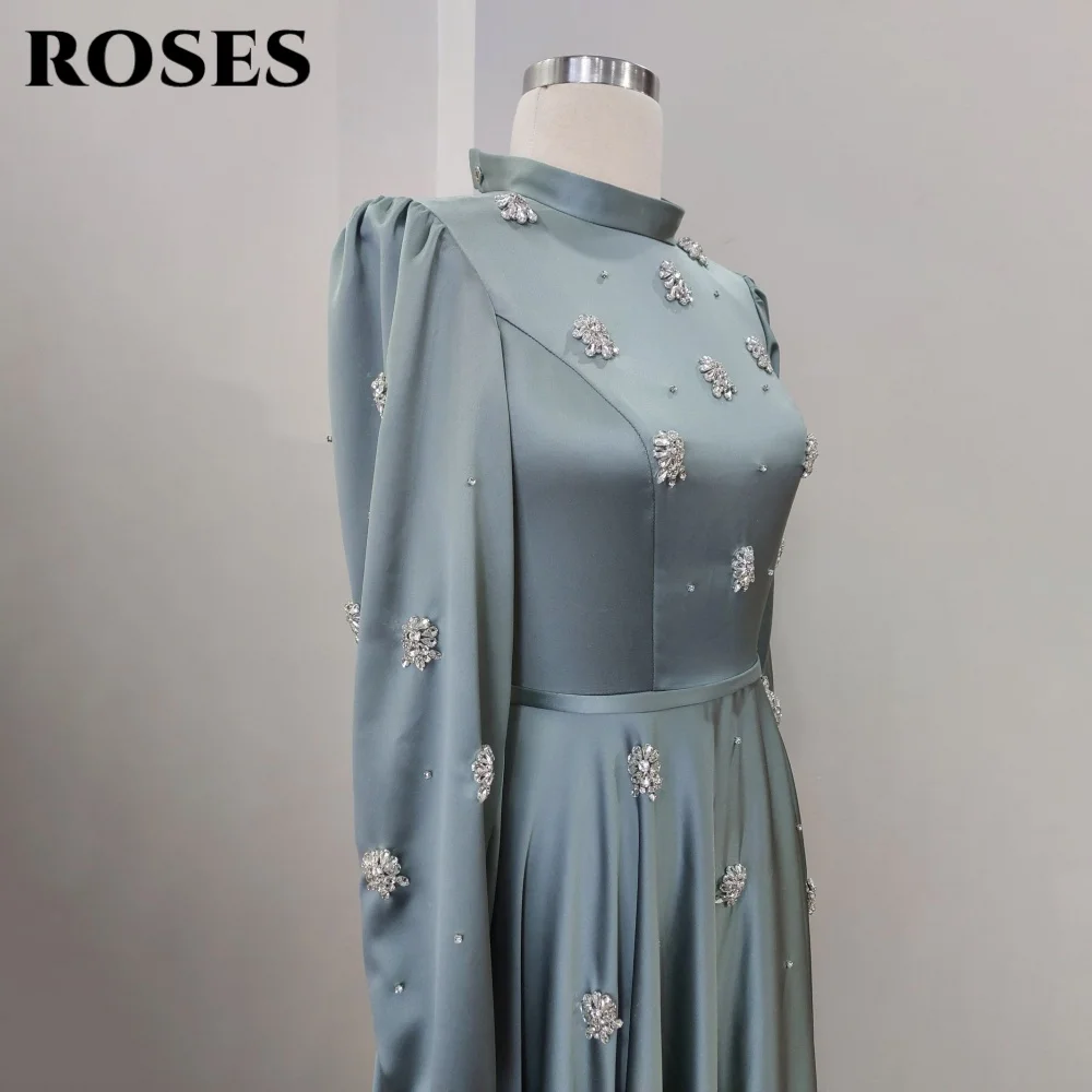 ROSAS Vestidos de fiesta de cuello alto con diamantes de imitación brillantes Vestido de fiesta de manga larga Vestido formal hasta el tobillo de satén فسات̄ Personalizado