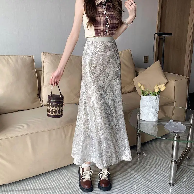 

2026 New Spring Summer Plus Size Women's Vintage Midi Skirt Sequin Bodycon Mermaid Skirt A Line High Waist Long Skirt For Daily