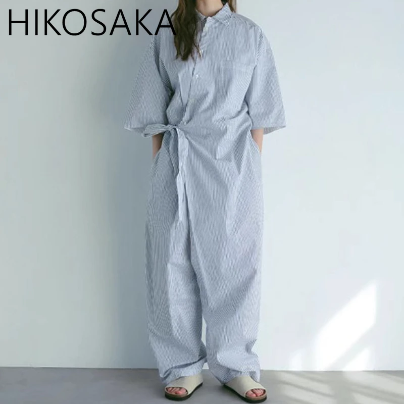 

Japanese Causal Simple Loose Jumpsuit Women Elegant Chic Vintage Striped Romper Mujer Irregular Button Lace Up Summer Ropa
