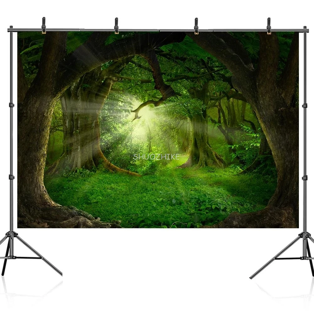 خلفية مشهد الغابات للتصوير الفوتوغرافي لاستحمام الطفل والأوراق الخضراء والمغامرة والزفاف وخلفية ديكور الغرفة الفوتوغرافية