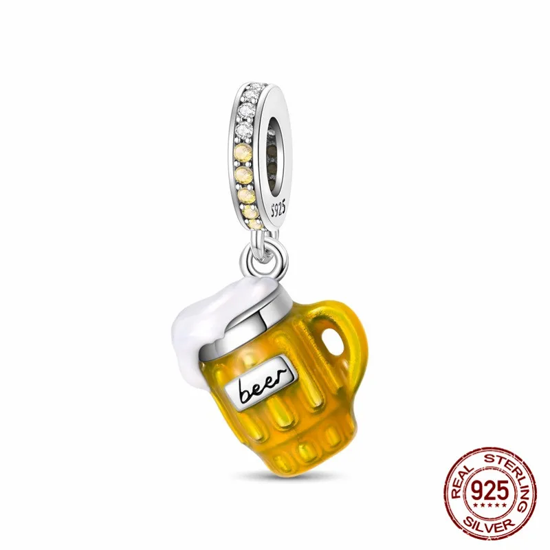 

925 Sterling Silver Beaded Zirconia Beer Mug Pendant suitable for original bracelet designs DIY womens jewelry gifts