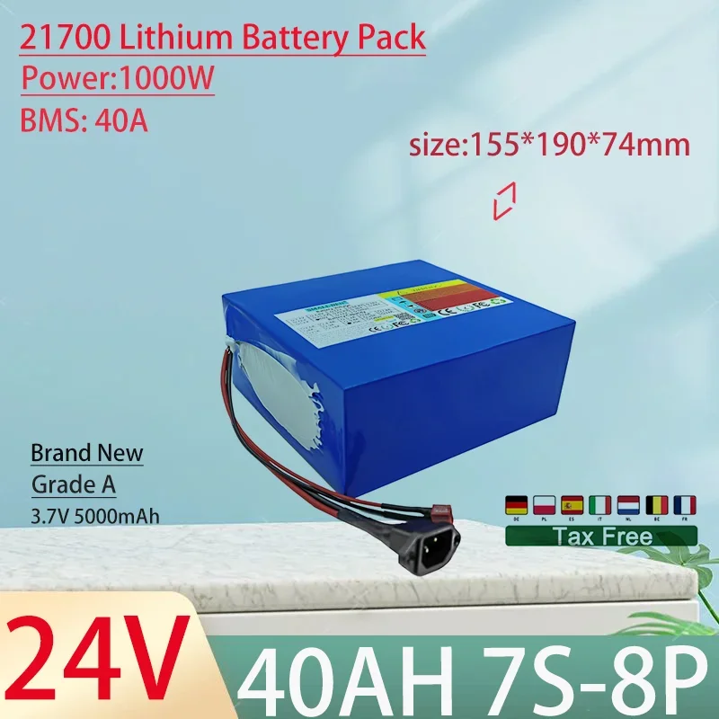 24V 40Ah 21700 7S8P Lithium Ion Battery Pack 1000W Power Tool Batteries Outdoor Backup Batteries With 40A BMS+29.4V 5A charger