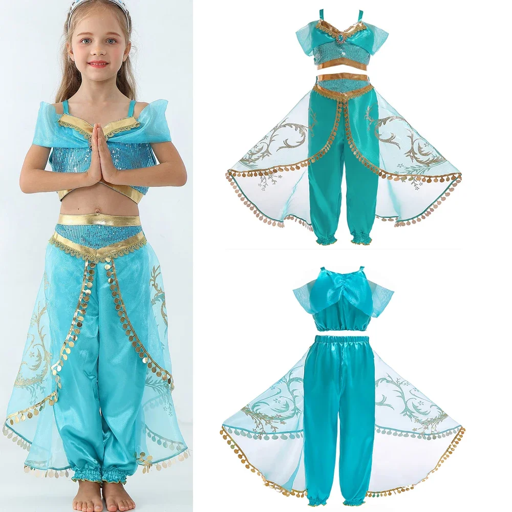 Girls Kid Summer Jasmine Princess Dance Dress Suit Aladdin Halloween Christmas Performance Costume Top Skirt Pant Two Piece Set