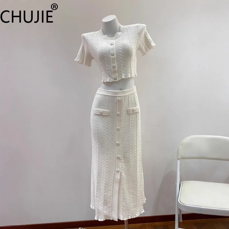 

CHUJIE 2025 French Elegant Knit Set, Ruffled Round Neck Short Sleeve Cardigan & Skirt, Slim Waist Summer 2-Piece Set