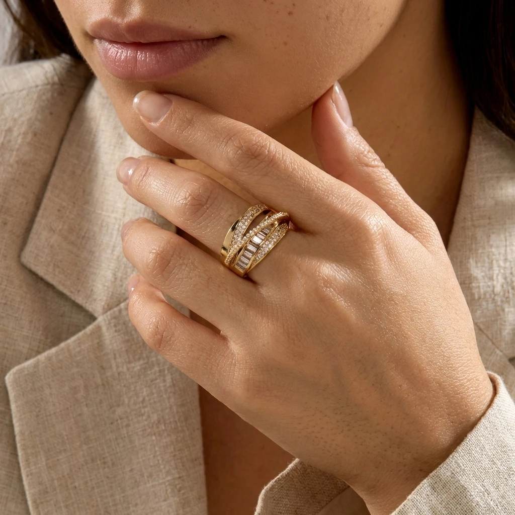 Trendy Twist Layered Open Ring Shiny Crystal Inlaid Adjustable Band Gold Tone Fashion Jewelry for Women Daily Wear