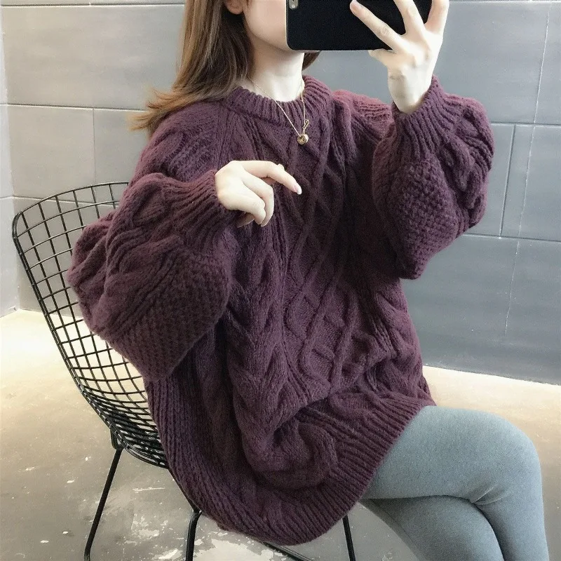Suéteres de punto para mujer, jersey térmico liso y cálido, moda coreana en promoción, jersey holgado de estilo perezoso para otoño