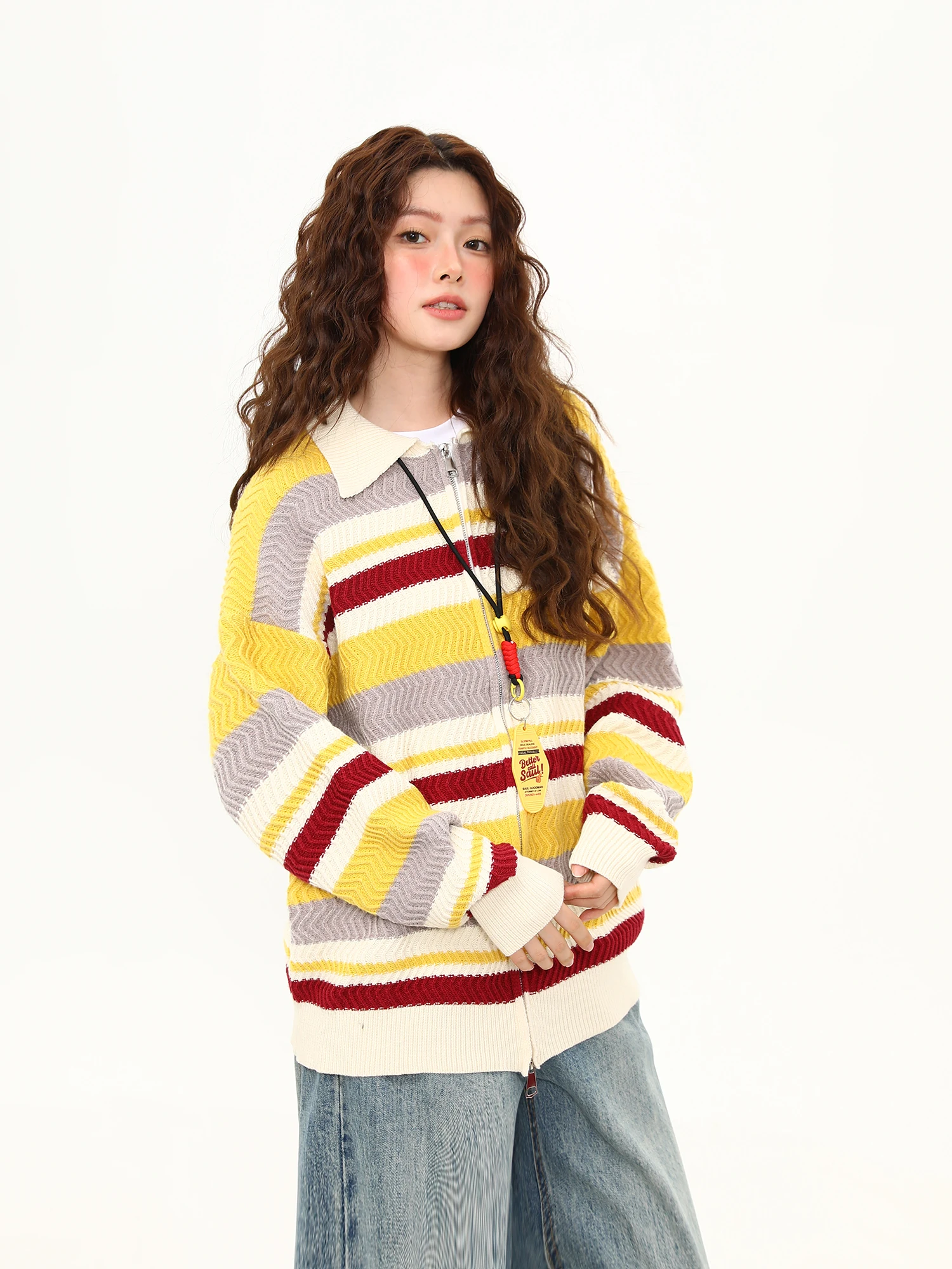 

Wild Azi Rainbow Color Blo Striped Sweater Women's Autumn Winter New Sle Small ence Design Vintage Knitted Jaet