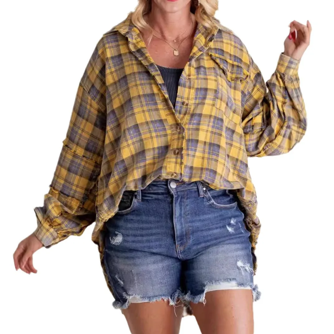 Plaid Shirts Women Classical Red Blouses Long Sleeve Tops Lady Cotton Checked Woolen Lantern Sleeve Loose Button Plaid Shirt