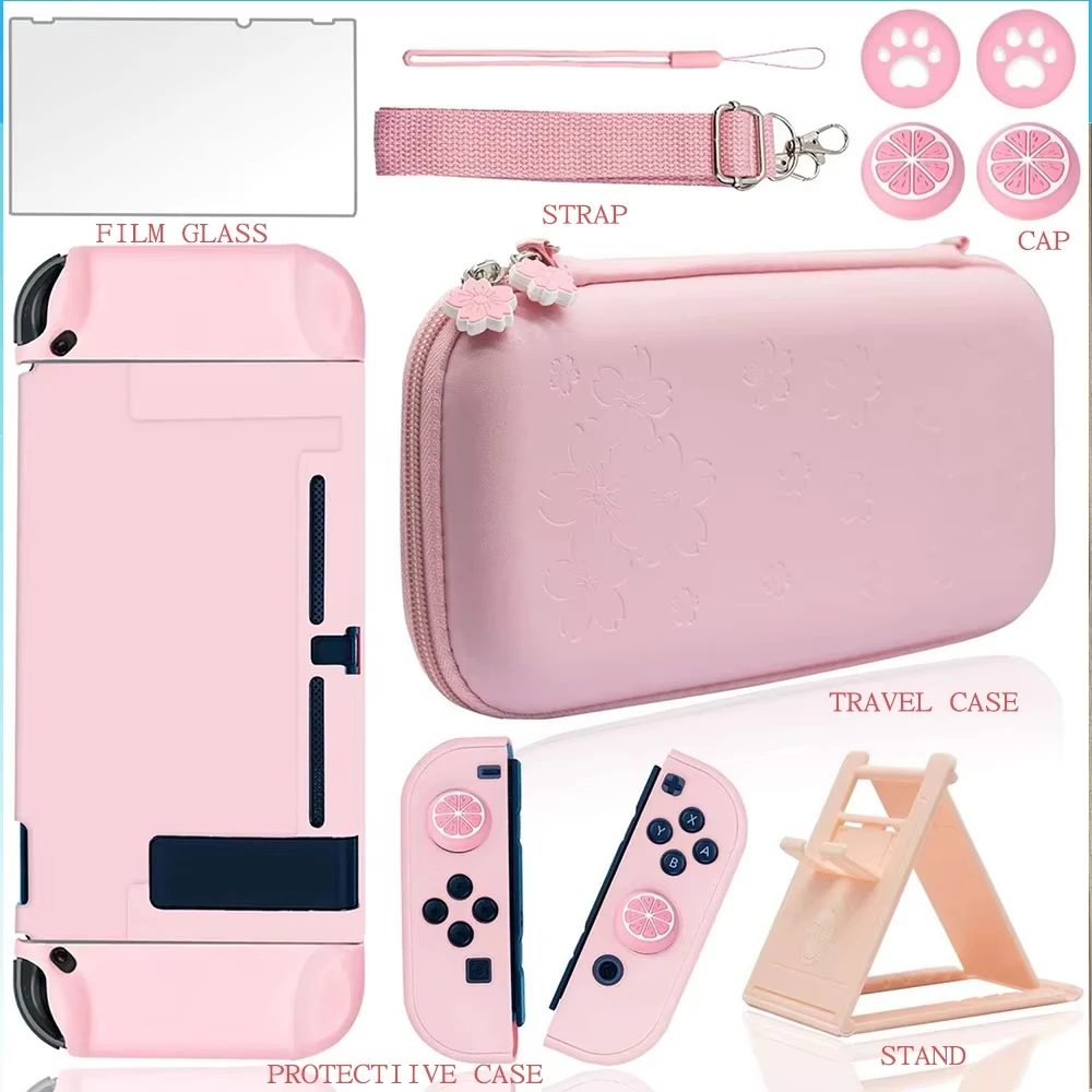 Nintend Switch Console Case Accessories Set Pink Sakura Travel Bag Pack Case Bundle -- Stand Joystick Cap Protection Case Glass