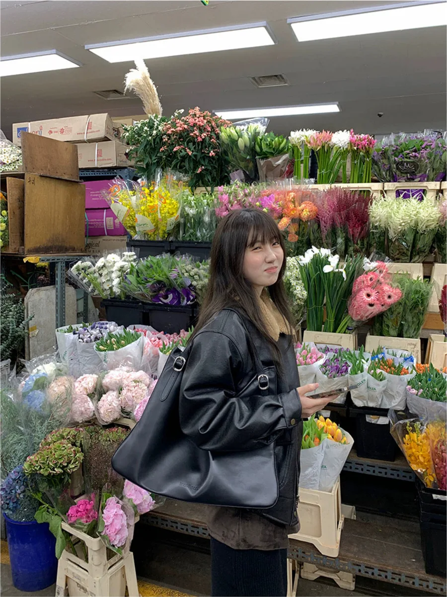 جايت نسائي من الجلد بتصميم كلاسيكي مع ياقة من فرو خروف فضفاض مناسب لراكبي الدراجات النارية بسحاب معطف خارجي للربيع والخريف #5