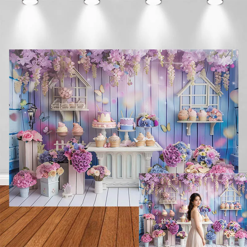 

LS Photography Backdrop Violet Cake Flower Pot Wooden Wall Decor Birthday Cake smash Baby Shower Kids Portrait Photo Background