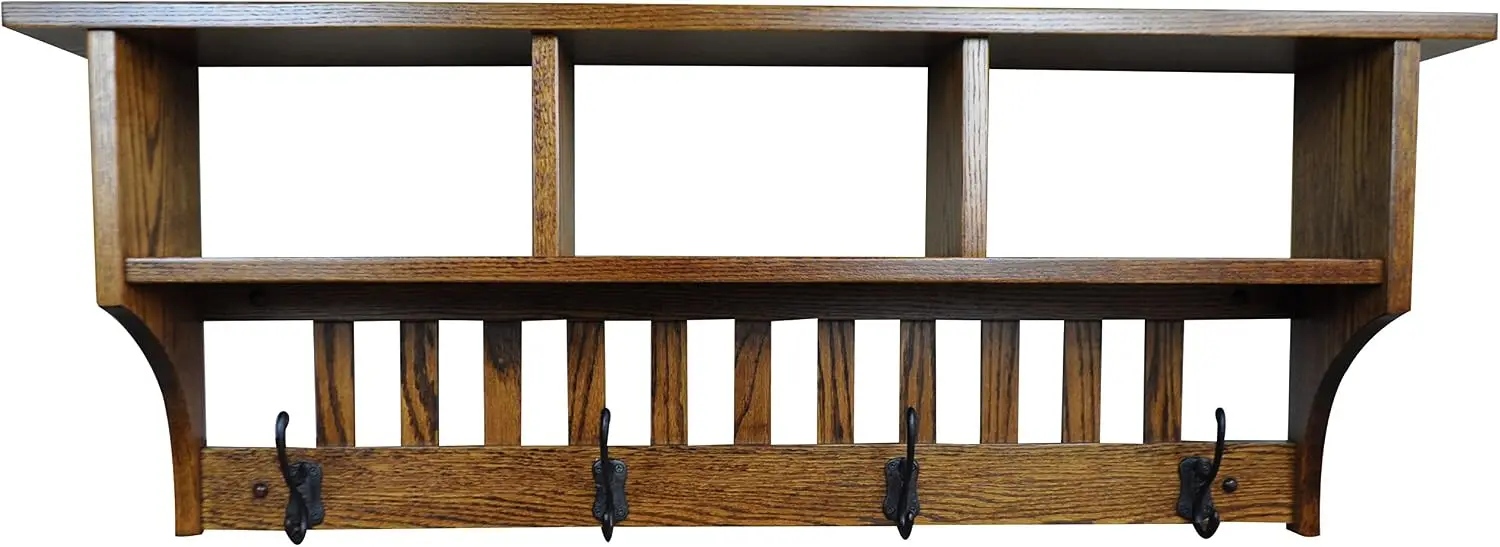 Mission Style Coat Rack Wall Mounted with Cubbies and Shelf, Entryway Wooden Hanger with 4 Hooks for Jacket, Towel or Hat, Farmh