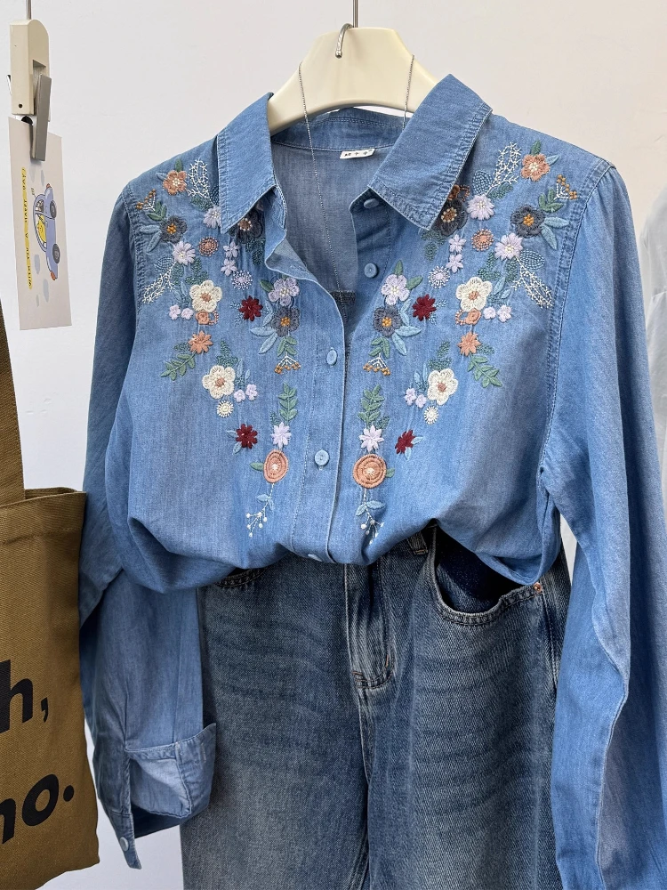 

Chic Ethnic Floral Embroidered Denim Shirt Women Casual Vintage Small Flowers Spring Autumn Long Sleeve Blouse for Layering