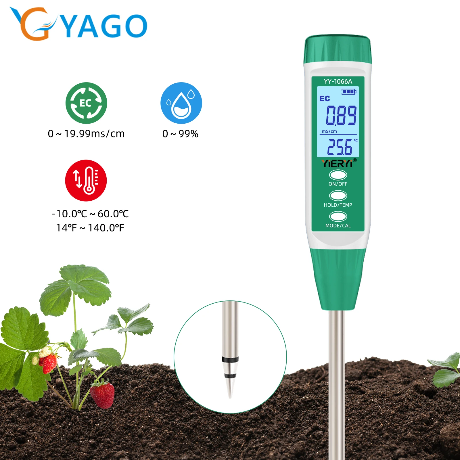 

YAGO Soil Moisture Tester for Gardening EC Temperature Accurate Soil Tester for Indoor Plants Water Content Meter for Farming
