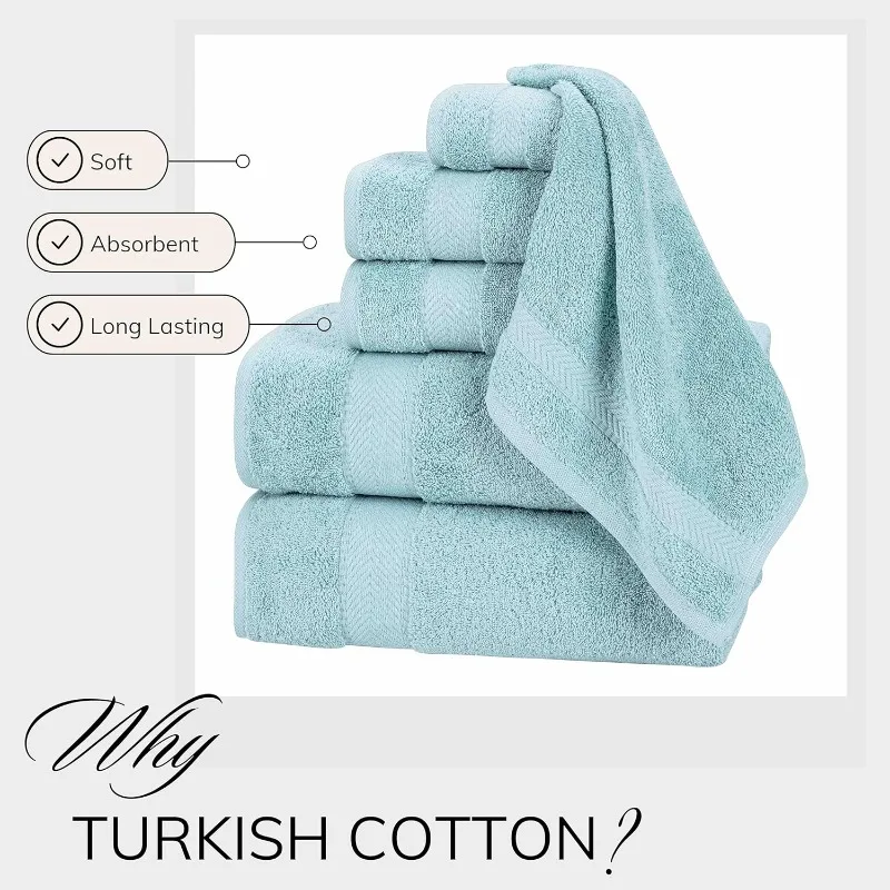 100% Turkish Cotton 6 Pcs Luxury Bath Towel Set, Soft & Absorbent Towels for Bathroom (2 Bath, 2 Hand, 2 Washcloths) - Aqua