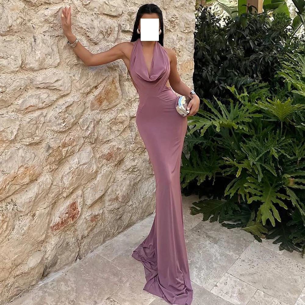 

Elegant Luxury Evening Dress 2024 Halter Sleeveless V-Neck Mermaid Sweep Train Solid Color Party Dresses Woman Saudi Arabia