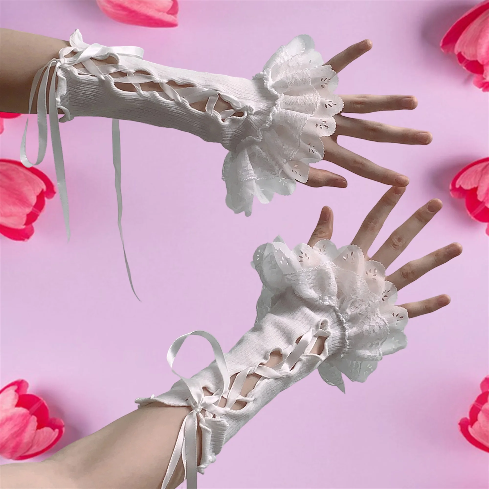 여성 레이스 핑거리스 장갑 Bowknot 디테일 짧은 팔 워머 슬리브 로리타 코스프레 의상 액세서리