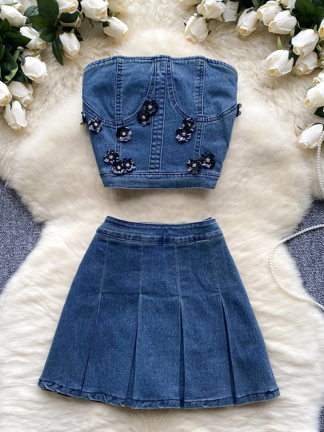 

American Vintage Spice Girls Suit Summer Delicate Sequined Denim Strapless Tops+High Waist Pleated Short Skirt 2 Pcs Set