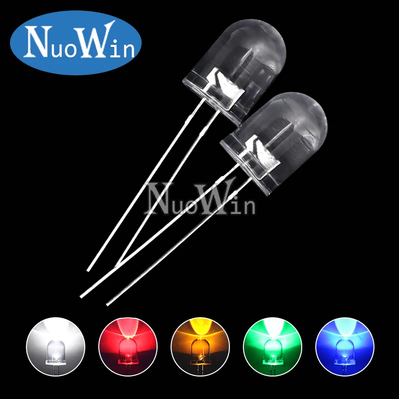 10pcs F10 10mm LED 5 Colors Red Blue Yellow Green White Transparent 20mA 0.75W Ultra Bright Round LED Light Emitting Diode Lamp