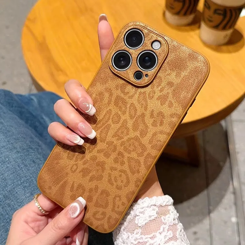 

For iPhone 16 Plus Anti-fall Bumper Leopard Print Case For iPhone 16 15 Pro Max Fashion Maillard Brown Lens Protection Cover