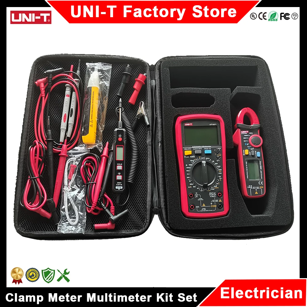 UNI-T UT210E UT204 + UT202A + UT107 + UT890C UT61E + Kit de multímetro de abrazadera Kit de herramientas de prueba de electricista profesional