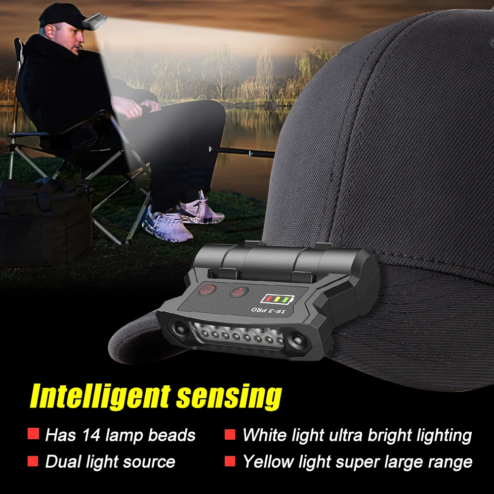 Portable LED Fishing Sensor Headlamp Smart Induction Cap Clip Light USB Rechargeable Power Display Outdoor Activities Headlight