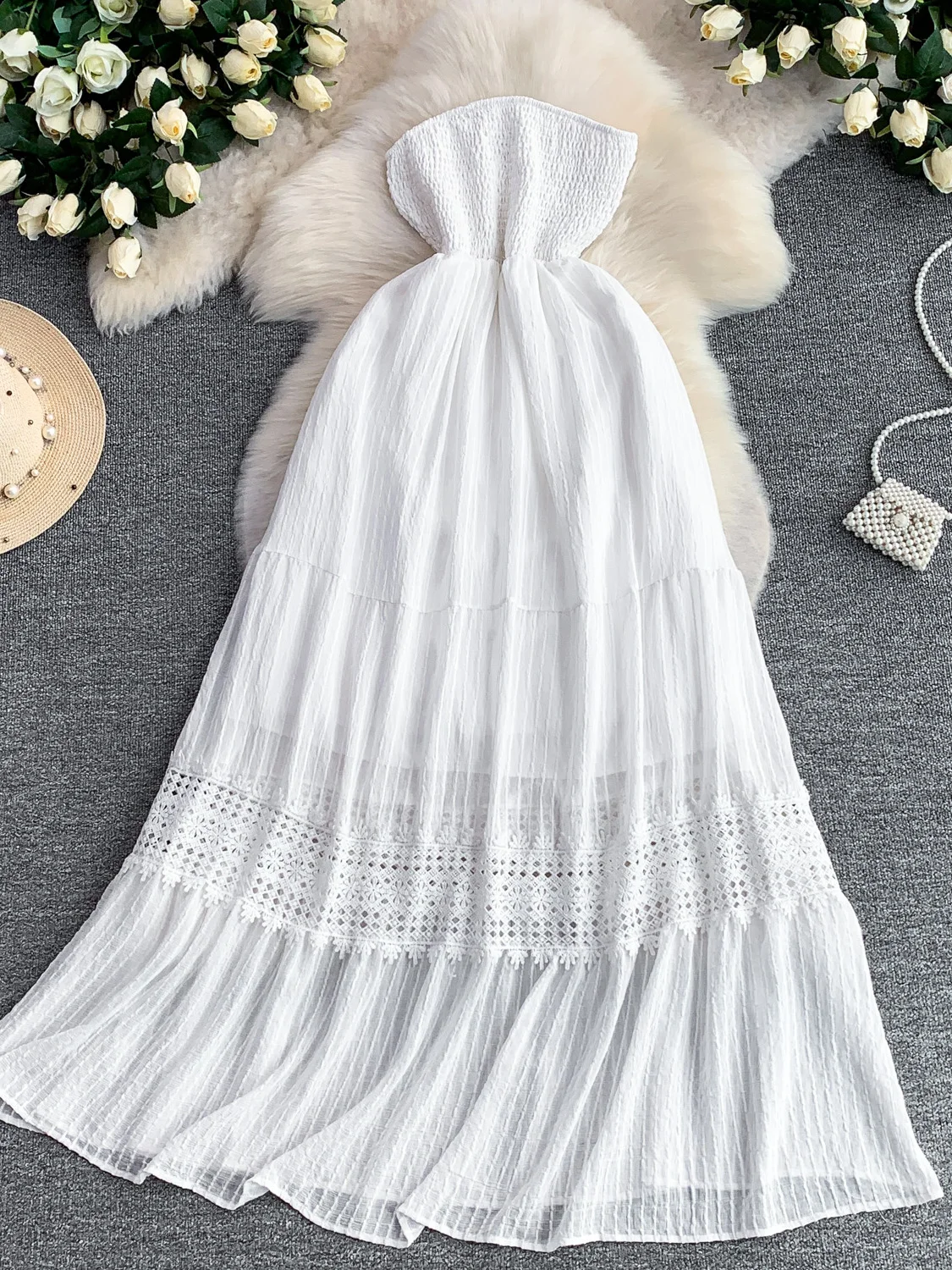 

Платье миди А-силуэта с открытыми плечами и кружевной отделкой, приталенное, с эластичной талией и сборками, для женщин, весна-лето