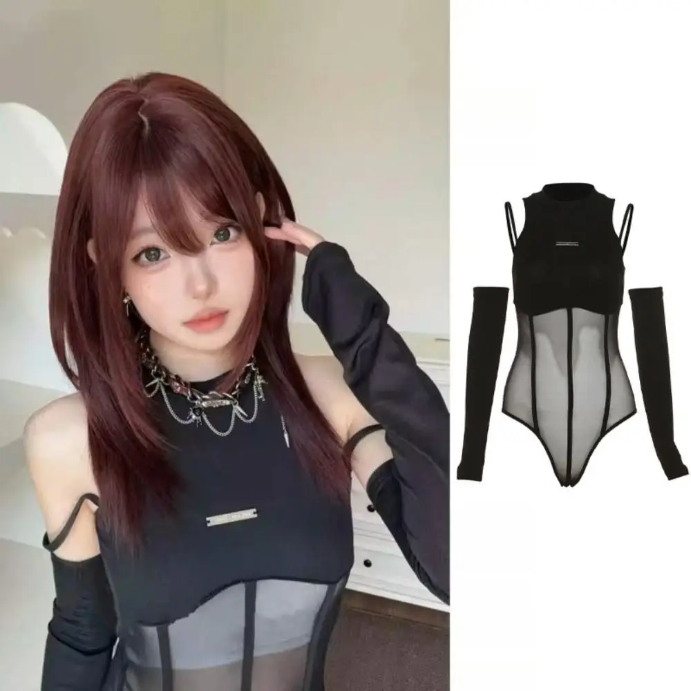

with Arm Sleeves Lace Slim Bodysuit Skinny Crop Top Translucent Bodysuit Spicy Girl Style Neck Tee Cold Shoulder Top Women