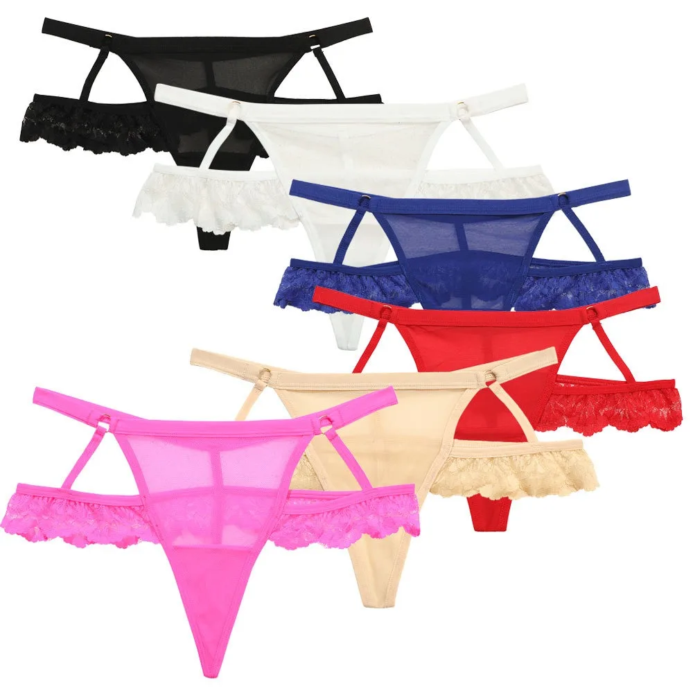 Sexy Women's Thong Transparent Mesh Ribbon Panties Women's Panties and Briefs Sexy Black Hollow Lace Edge T-Back Valentine's Day