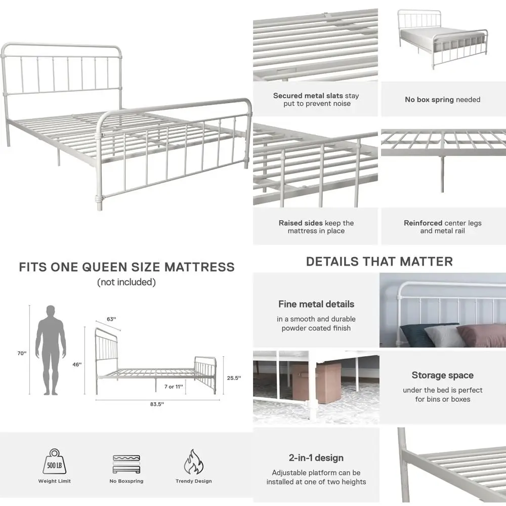 Rustic Style DHP Winston Metal Bed Frame with Curved Headboard and Footboard, Height Adjustable for Storage Underneath