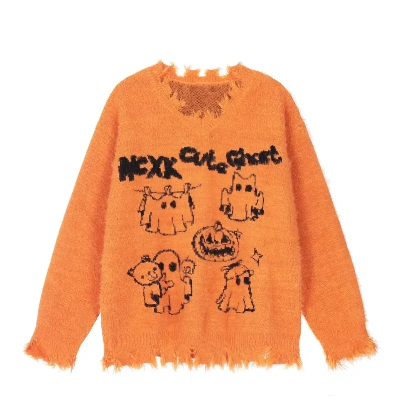 Pullovers Women Pumpkin Color Halloween Atmosphere Couple Knitted Sweaters American Retro Printed Irregular Hem Loose Trendy