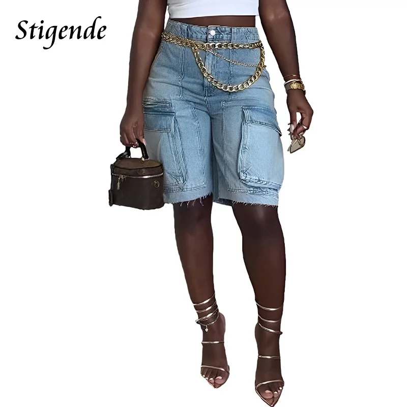 Summer Patchwork Shorts Jeans Women Pocket Straight Denim Shorts XXXL Ladies Fashion Bodycon Cargo Pants Streetwear