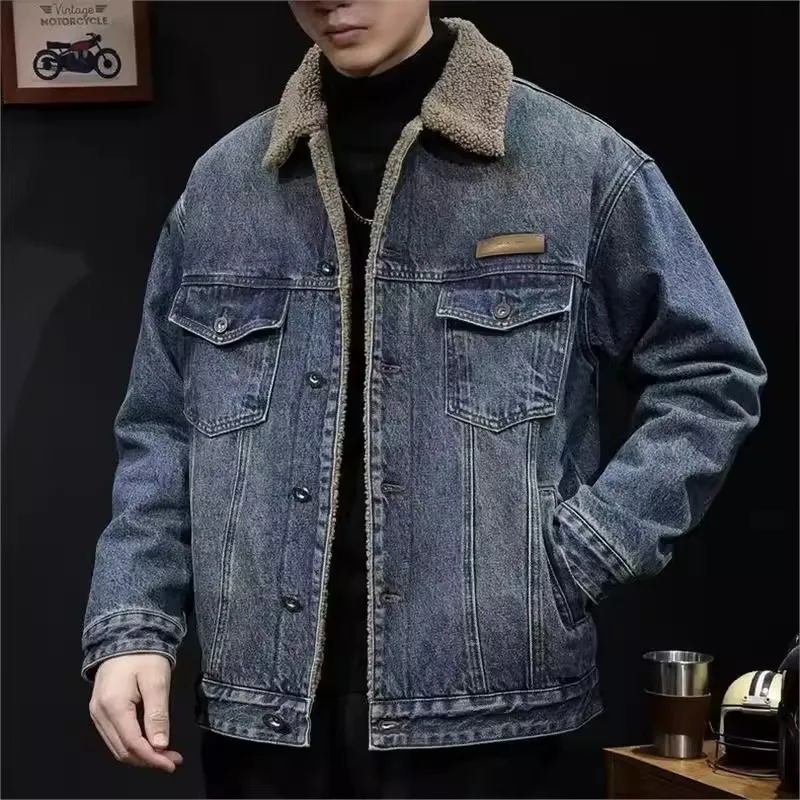 

Lamb Velvet Collar Thiened Fce Denim Jaet Men's Autumn Winter New Sle Youth Cotton Padded Workwear Jaet Coat