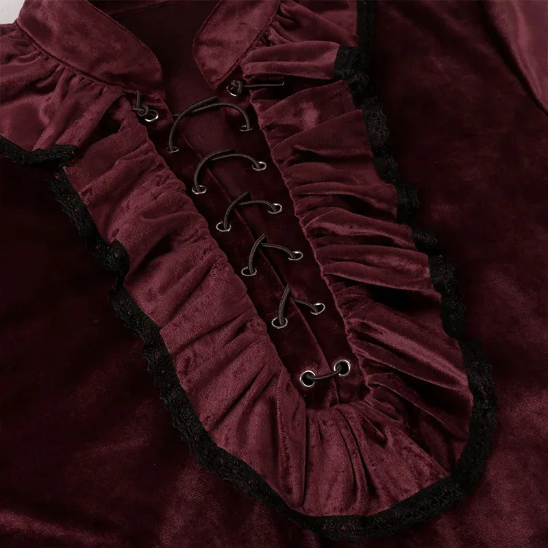 Camisa con volantes de terciopelo rojo y negro para hombre, Cosplay Medieval de pirata, vampiro, camisas Retro victorianas, Top gótico Steampunk para fiesta de Halloween
