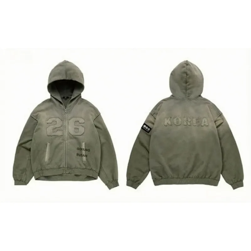 Retro Washed Arirang Zipper Hoodie Y2K Clothes Hip Hop Graphic Print Oversized Hoodie Sweatshirt Fashion Casual Zipper Jacket