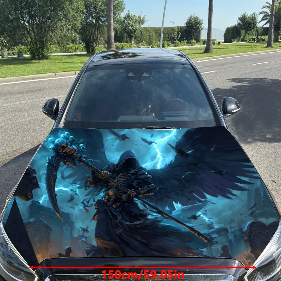 Black - Winged Grim Reaper Under Lightning Car Vinyl Wrap, PVC Material Waterproof Car Hood Sticker, Self-Adhesive Scratch-Resis