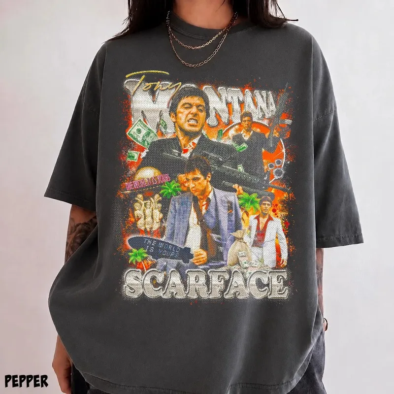 Tony Montana Shirt Scarface Evil Star T-shirt Al Pacino Surrounding Gangster Movie T-shirt Aesthetics Y2K Pattern T-shirt Unisex