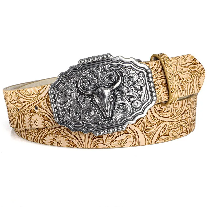 Western Cowboy-Stil Vintage Casual Gürtel - Geschnitzte Ochsenkopf-Schnalle & Bohemian-Print, Perfekt für Tägliche Pendler- und Dating-Outfits – Detail 7
