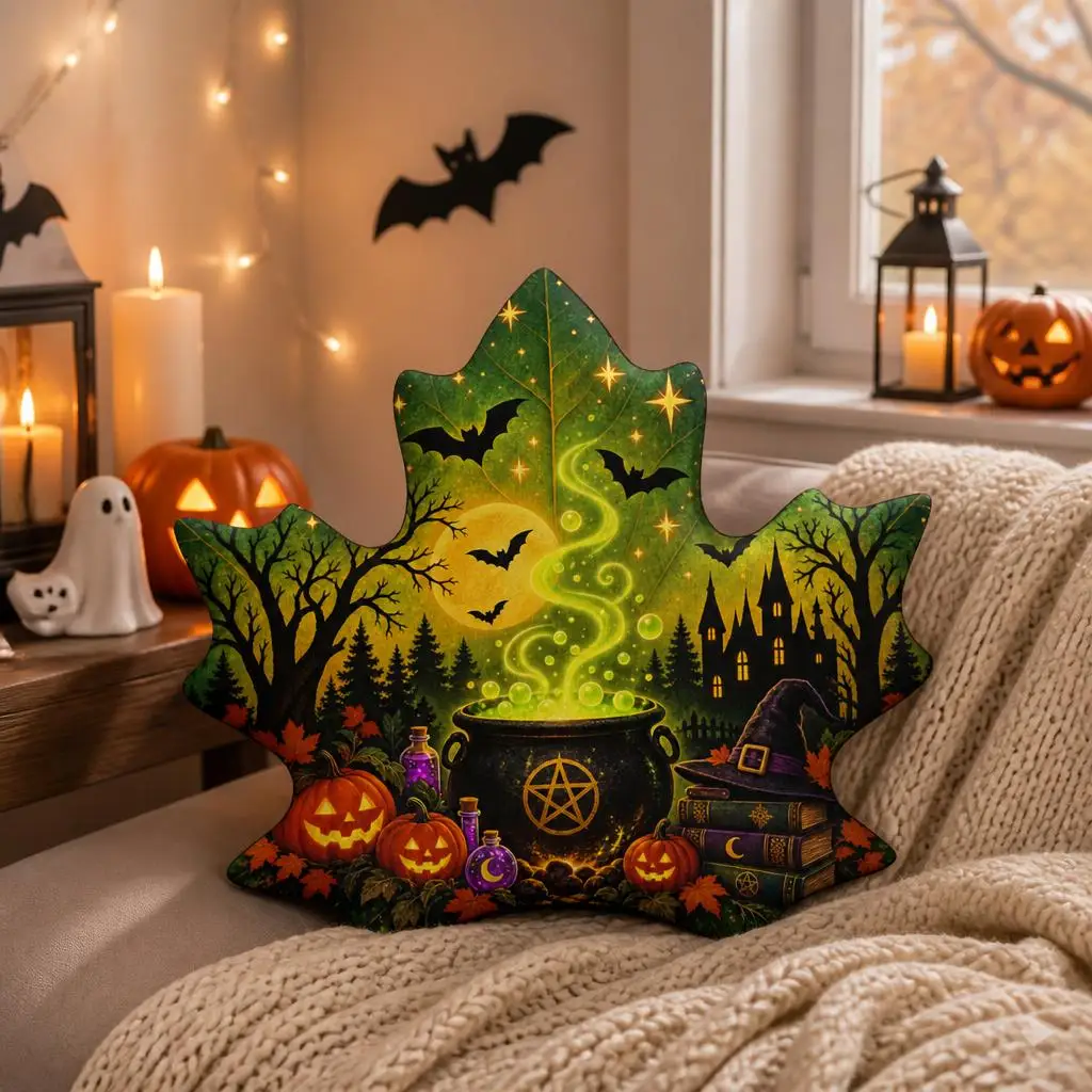 Halloween Witchcraft Cauldron Throw Pillow Gothic Magic Cushion Maple Leaf Shaped Stuffed Decorative Pillow Home Decor Gift